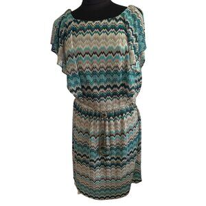 J. Taylor Women's Zigzag Pattern Dress Size 14 100% Polyester Teal & Gray Lined